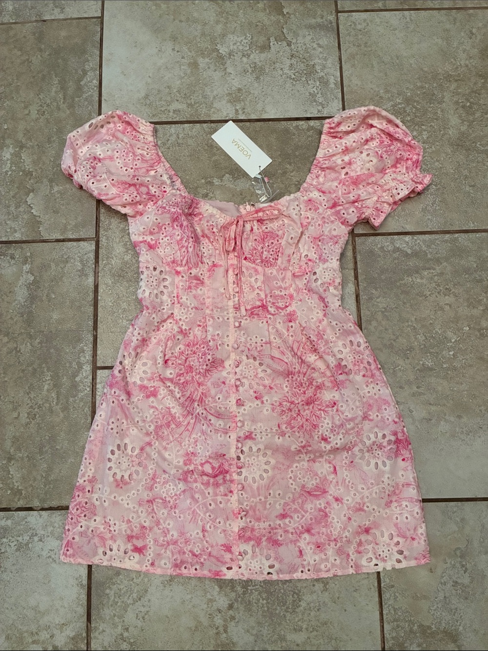Storia Pink & White Eyelet Floral Puff-Sleeve Mini Dress